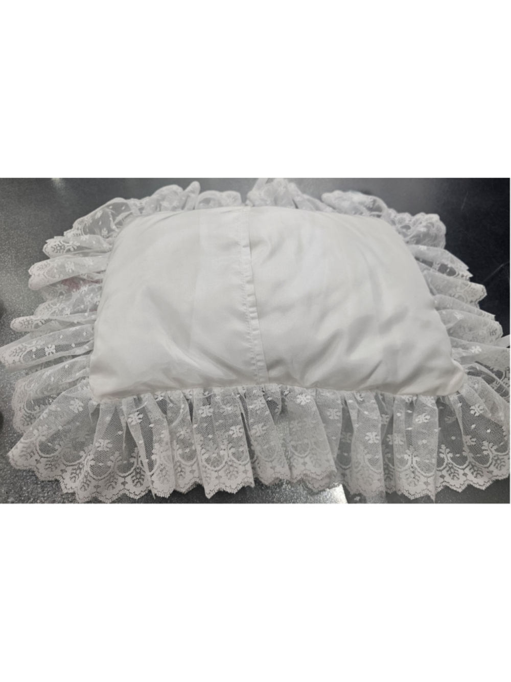 Vintage White Satin & Lace Wedding Ring Bearer Pillow Rectangular Ribbon Ties - Picture 4 of 5
